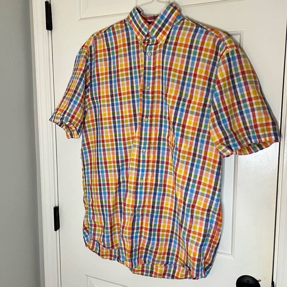 Orvis multi colored checked button down short sleeve men’s shirt